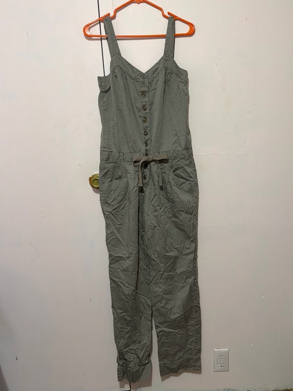 Button-Front Olive Utility Jumpsuit with Tie Waist